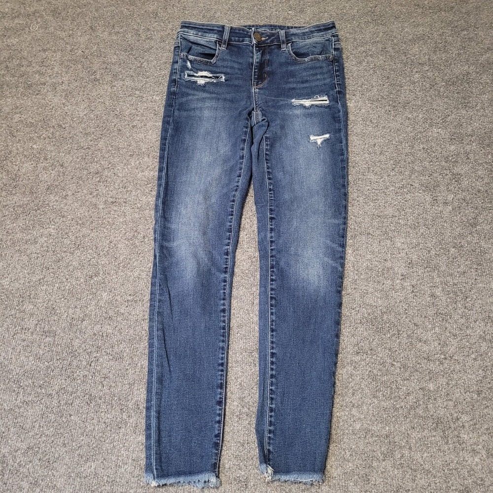 American Eagle Jeans Womens Size 4 Blue Distressed Skinny Raw Hem Stretch Denim